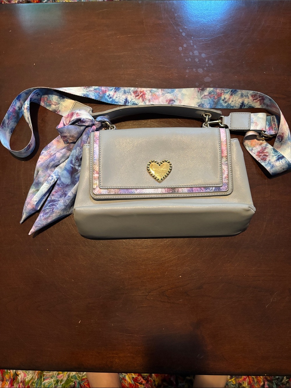 Betsey Johnson Gray Shoulder Bag with Floral Strap & Scarf & Gold Heart Closure